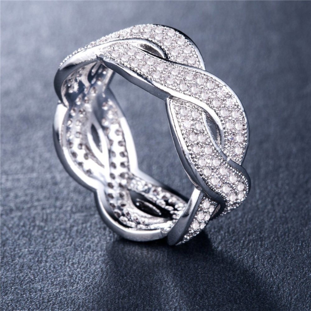 "Wave Crystal Zircon Romantic Iced Out Silver Plated Diamond Ring, UNVN12359